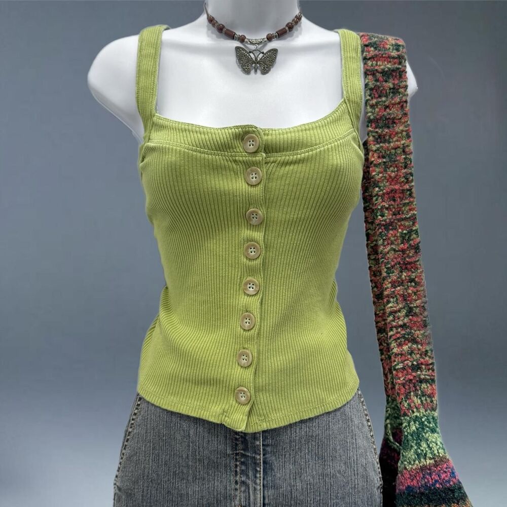 Free People Ribbed Bridgette Button Tank Top Tarragon Green Size M